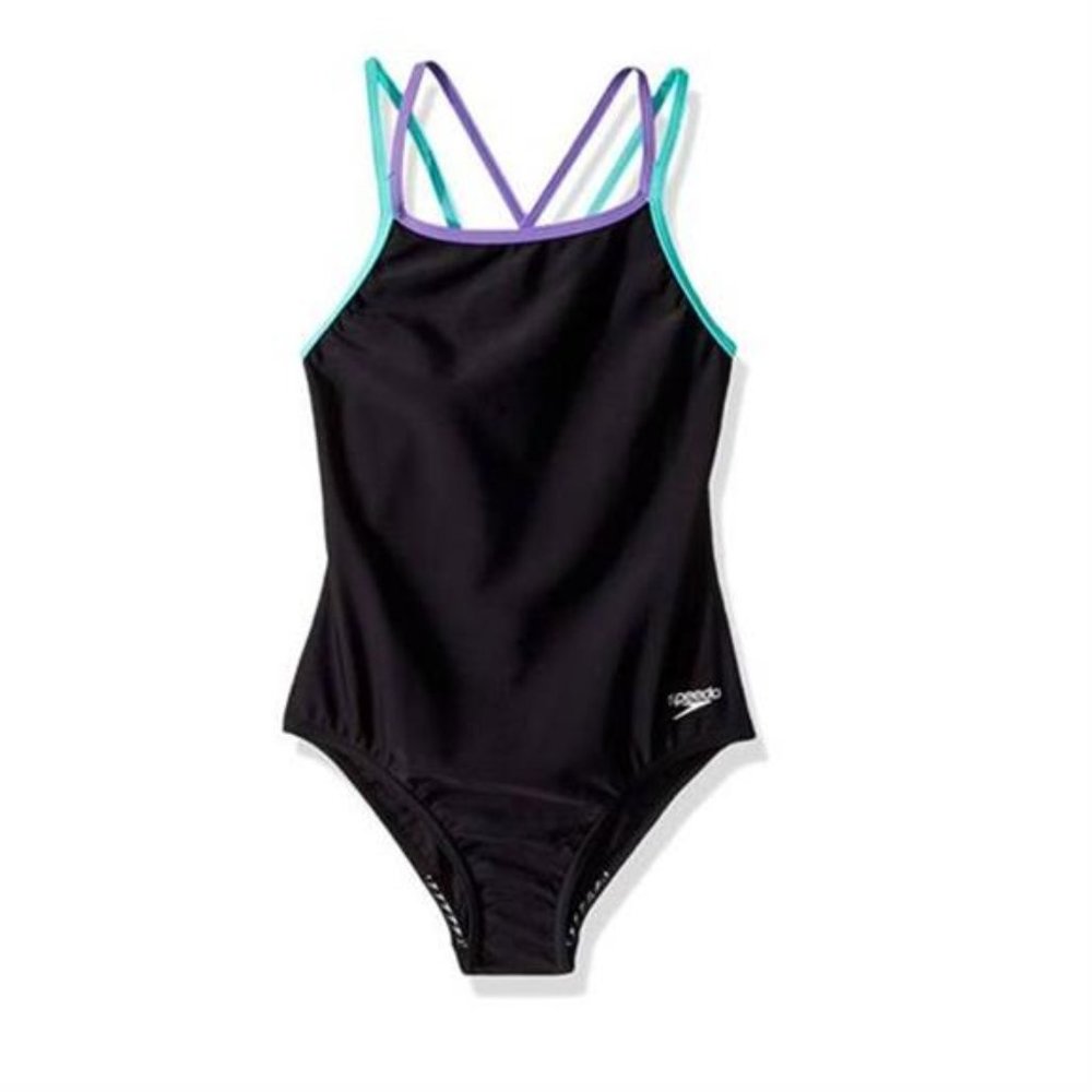 Speedo Girls Size 12 Swimsuit One Piece Solid Cross Back Multi Straps
